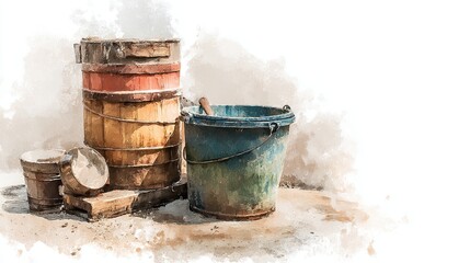 Fototapeta premium A collection of rustic, colorful buckets stacked and arranged on a surface, showcasing a weathered appearance and artistic flair.