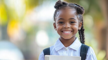 Smiling girl in school uniform holding book outdoors