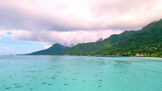 Scenic Aerial shot of Plage de Temae Public Beach in Moorea French Polynesia