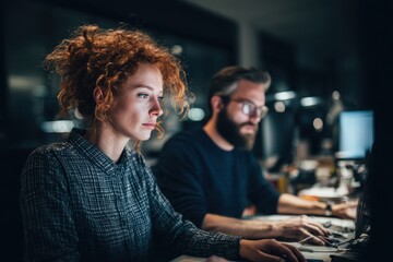 Focused young entrepreneurs deeply immersed in developing innovative digital solutions for their startup company