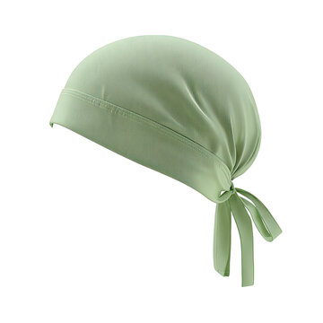 Light-green do-rag; tied at neck, soft draping cloth