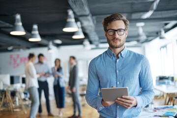 Young professional in glasses holding a tablet in a dynamic open-plan office setting with colleagues