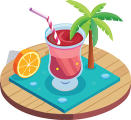 Summer cocktail on the beach vector illustration with cold juice and fruit in a glass with a straw, isolated on white