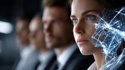 A woman with a face made of computer code is looking at a group of people