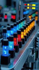 Fototapeta premium A vibrant display of illuminated tubes on a conveyor belt, showcasing a variety of colors in a factory environment, highlighting technology and automation.