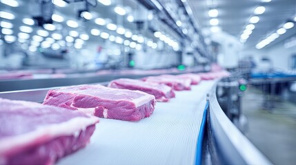 A conveyor belt carries cuts of meat in a well-lit processing facility, showcasing a modern meat production environment.