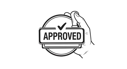 Hand holding a circular stamp featuring the word approved and a checkmark