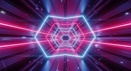 A vibrant, futuristic tunnel with glowing neon lines and hexagonal shapes, creating an exciting and dynamic atmosphere.