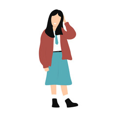 Flat design illustration of a happy young woman in a stylish casual outfit, smiling and posing with her hand on her head