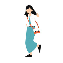 Cheerful Female Student in School Uniform Waving with a Shoulder Bag, Flat Vector Illustration