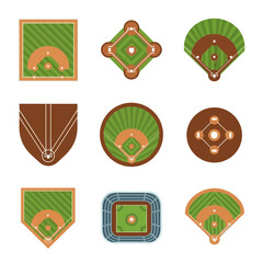 Top-View Baseball Diamond and Stadium Icons Displaying Different Field Configurations