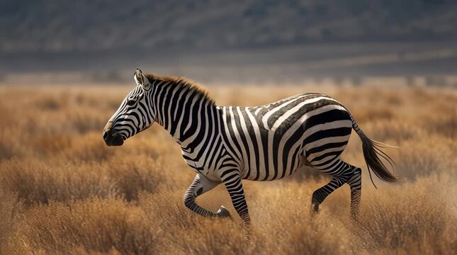 Zebra running across a dry field under natural sunlight