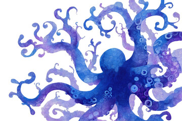 Blue, purple octopus with curled tentacles on black