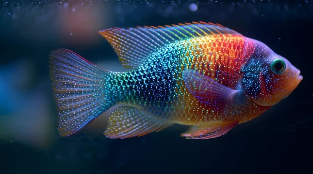 Vibrant rainbow fish swimming in dark waters aquatic underwater scene