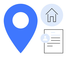 Location services, home address, identity verification, documentation, online registration, navigation. Blue location pin with house and document icons. Location services and home address concept