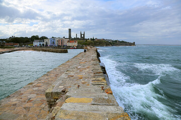 St Andrews Pier. Scotland- looking back towards  the town with the old harbor and cathedral.