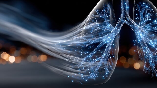 A blue and white image of a lung with a stream of smoke coming out of it