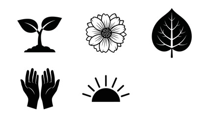 Black and white vector icons representing nature, growth, care, and the environment, including a sprout, flower, leaf, cupped hands, and a rising sun.