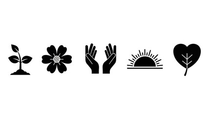 A row of five black silhouette icons representing nature, growth, care, and natural elements including a plant, flower, hands, sun, and leaf.