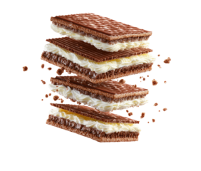 Stacked, wafer cookies with cream filling floating