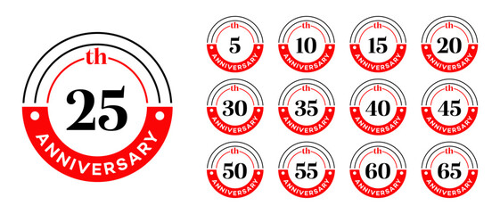 Anniversary badges 5, 10, 15, 20, 25, 30, 35, 40, 45, 50, 55, 60, 65  Vector logo set