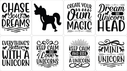 Collection of inspirational unicorn graphic designs. Positive affirmations, dreams, and magic themed black and white illustrations for kids and creative projects.