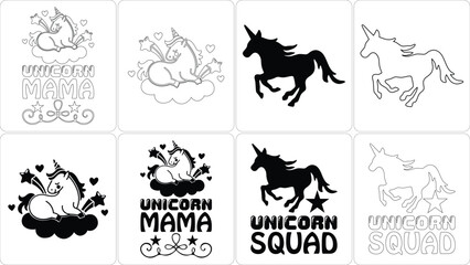 Cute Unicorn Mama and Squad Designs with Stars, Hearts, Clouds - Coloring Page and Silhouette Bundle for Fantasy Projects