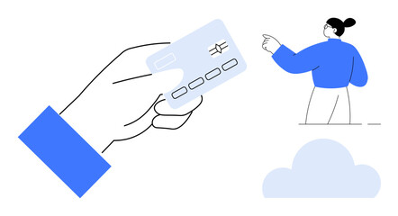 Online payments, cloud computing, user interface design, digital security, financial technology, ecommerce. Hand holding a card, person pointing cloud icon. Online payments and cloud computing theme
