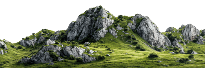 Grassy hills meet rocky mountain peaks against black void