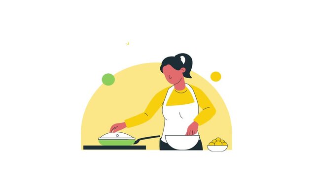Woman cooking food in a kitchen with minimalist flat design style.