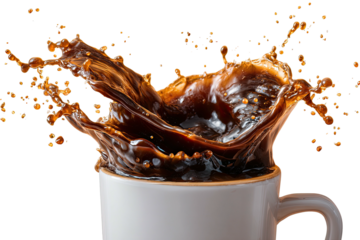 Coffee splashes dramatically from white cup on dark backdrop