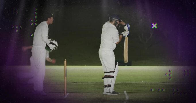 Cricket bowler delivering ball, batsman blocking ball with bat, keeper collecting ball to stop runs