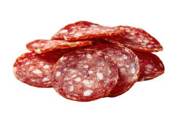Sliced cured sausage pile; rich reds and creamy fat spots