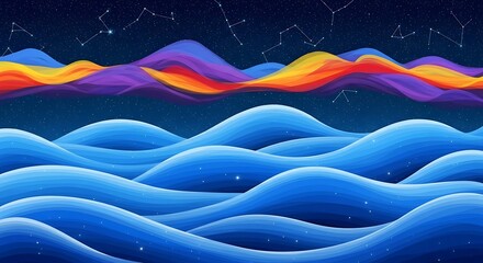 Colorful waves of a starry night, with vibrant hues of mountains rising above a deep blue sea.