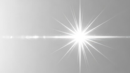 Obraz premium A bright white light source with a starburst lens flare effect on a light grey gradient background.