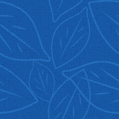Seamless botanical pattern with grainy outline drawings of leaves on a textured background using two different shades of blue This simple hand drawn look offers an organic retro modern feel Vector