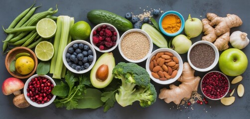 Vibrant assortment of fresh fruits vegetables nuts and seeds for healthy eating
