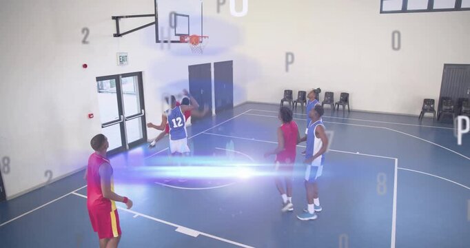 Basketball handler driving, teammate cutting for layup to score, arc overlays, blue #12 resetting