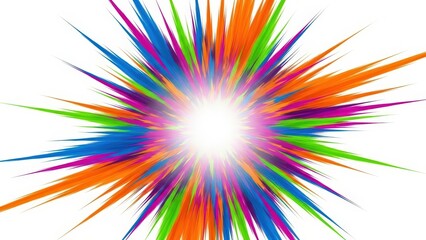 A vibrant, colorful abstract explosion of light and streaks radiating outwards from a bright white center against a clean white background.