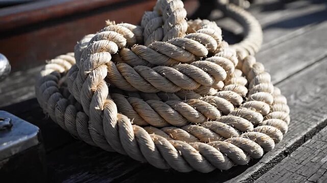 Coiled rope and metal cleat on weathered wooden deck boating theme nautical detail