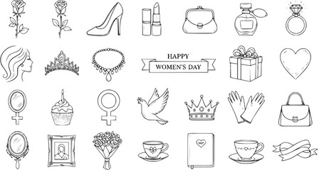 Black and White Line Art Vector Icons for Women's Day: Roses, High Heels, Perfume, Gifts, Hearts, and More