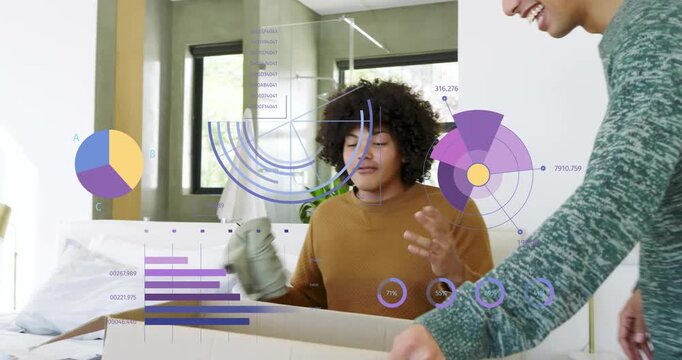 Two men unpacking after retail delivery, pulling clothes and checking pen while AR charts overlay