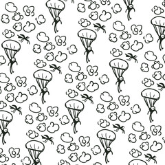 Skydivers fly through the sky with their parachutes open. Clouds and birds are nearby.