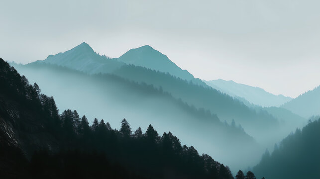 Cloud Dancer Serene Layered Mountain Landscape with Pine Forests and Blue Mist at Dawn, Tranquil Panoramic View of Hazy Highlands. Colour of the Year 2026