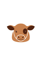 Fototapeta premium A cute cartoon illustration of a brown calf's head with a dark spot around one eye, facing forward on a white background.