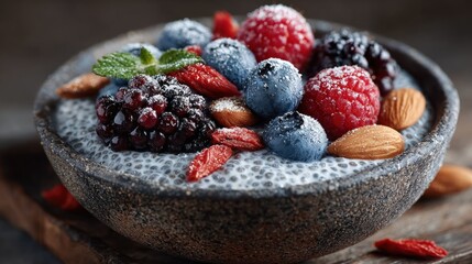 Close-up of a chia seed pudding bowl topped with fresh berries and almonds