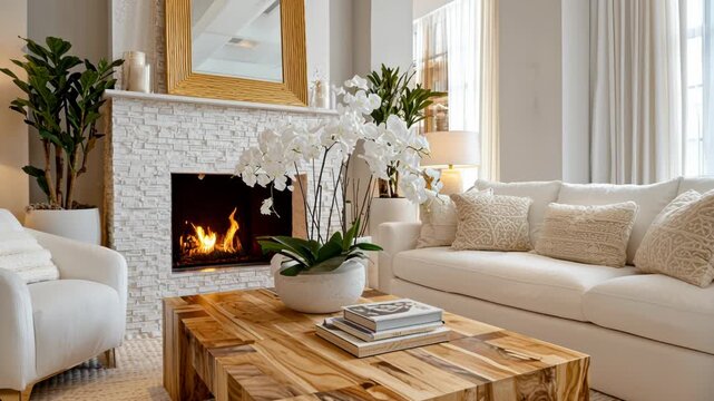 A Scandinavian farmhouse style modern living room interior, featuring a rustic accent round coffee table made of natural wood