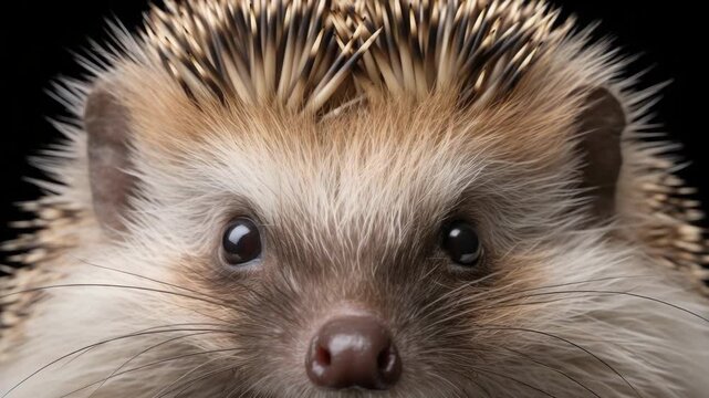 The  features a hedgehog with sharp quills and is focused on the head with the face looking straight ahead. The background is out of focus creating an isolated subject effect.