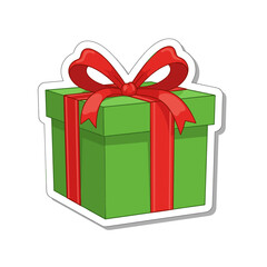 Green Gift Box with Red Ribbon and Bow Sticker.