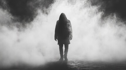 Hooded figure walking in smoky night, mystery, thriller film